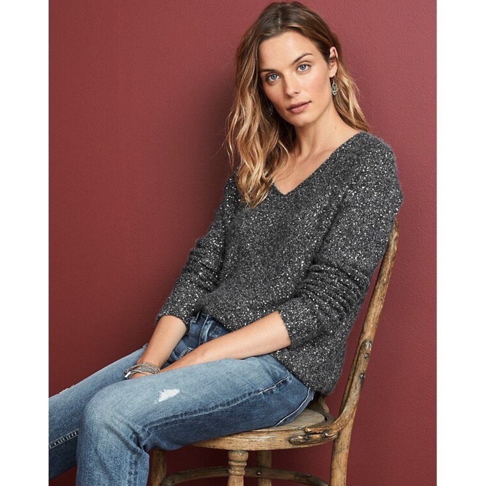 Garnet Hill Sequin V-Neck Sweater Large Charcoal Gray Alpaca Wool Blend Boxy